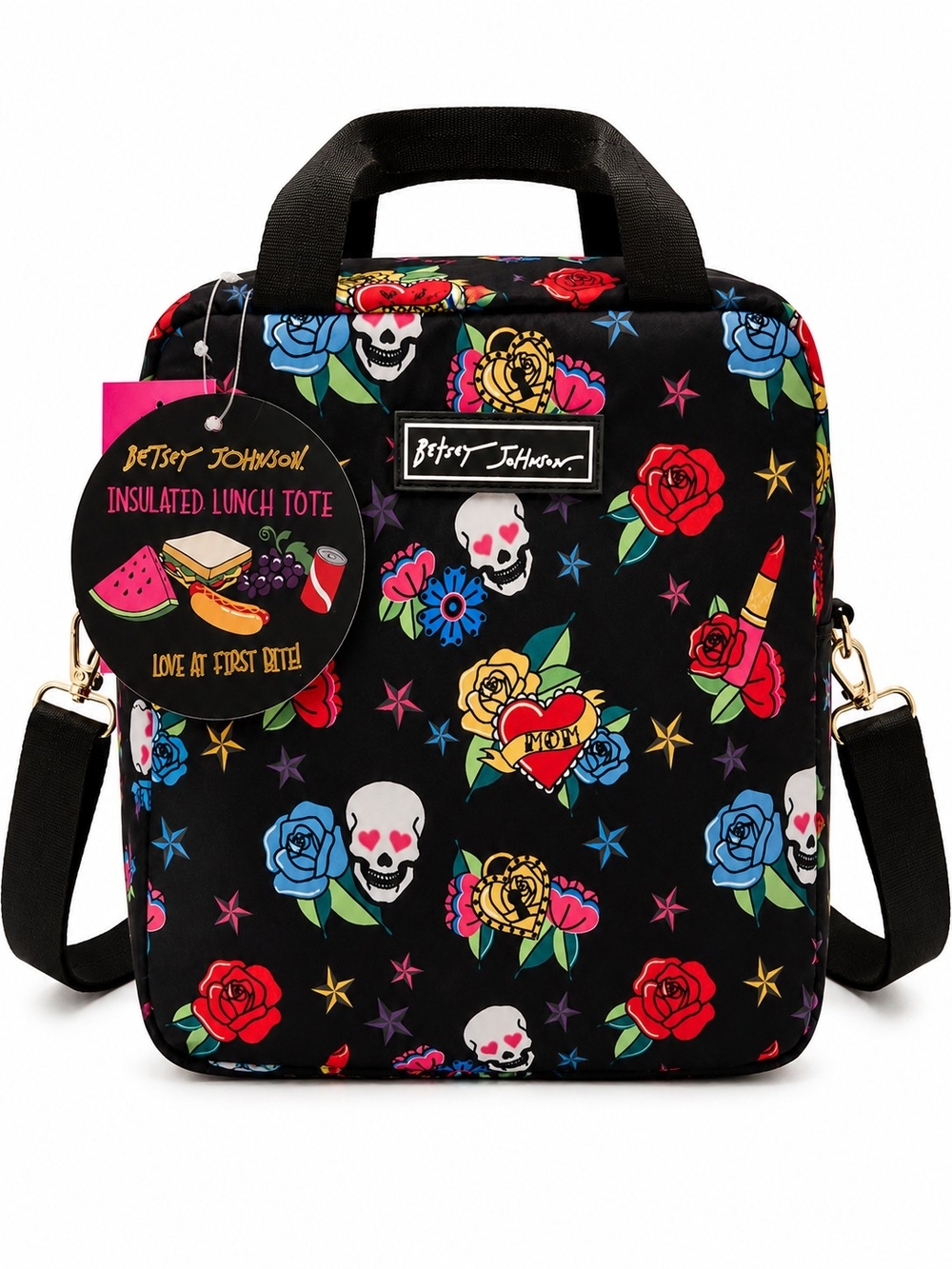 Betsey Johnson Black Floral & Skull Insulated Lunch Tote